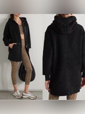 Varley Olympus Hooded Sherpa Teddy Coat Black Medium Longline Outdoor Cozy EUC